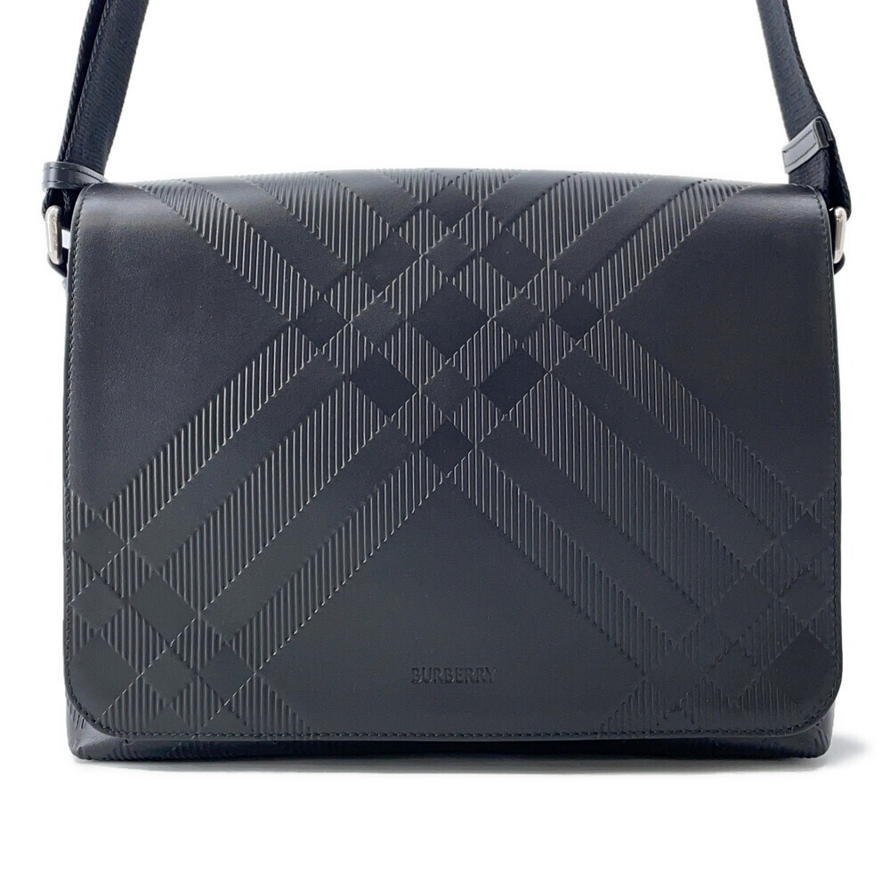 Burberry Shoulder Bag Embossed Check Messenger Calf Leather Black